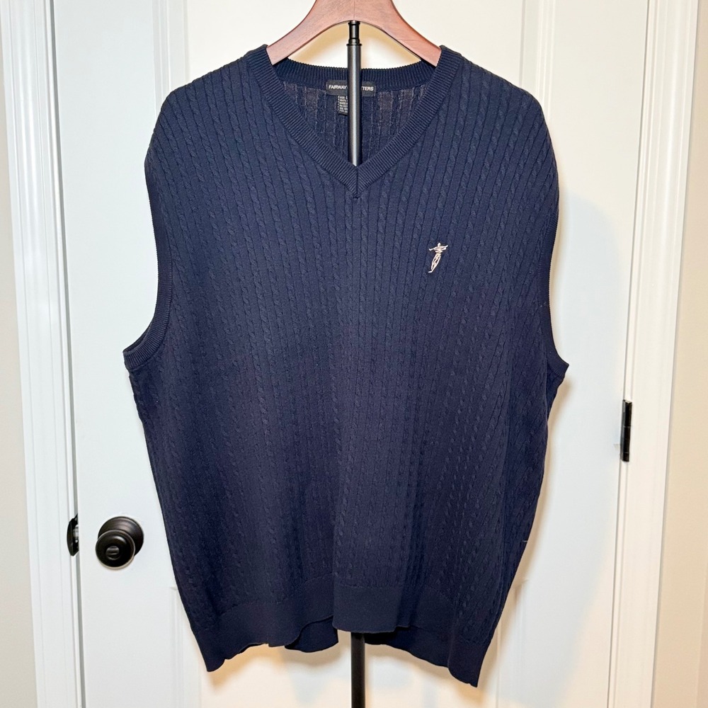 Fairway Outfitters Mens Large Navy Blue Cable Knit Cotton V-Neck Sweater Vest